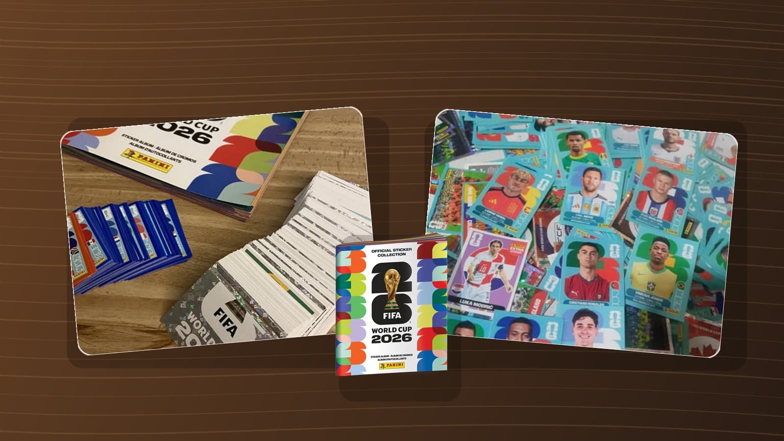 Loose Panini FIFA World Cup 2026 stickers spread across a table
